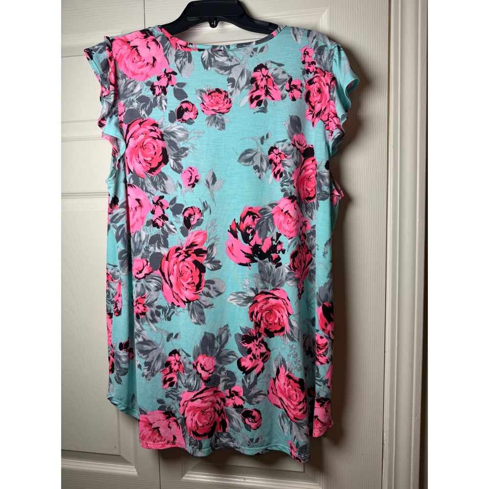 Sew In Love Womens XL Aqua Pink Floral Ruffle Sleeve V-Neck Blouse Top - Picture 2 of 5